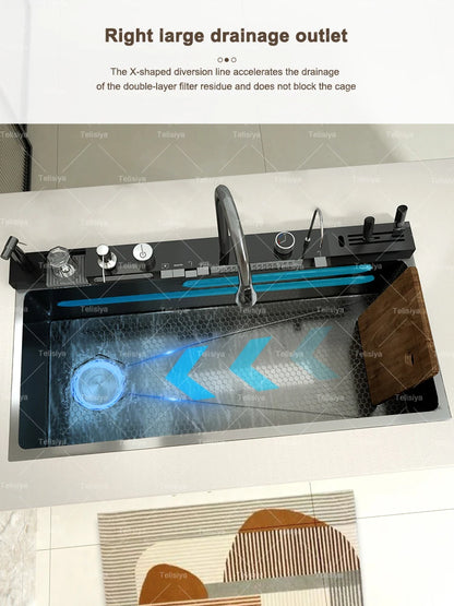 Various Waterfall kitchen Sink  Stainless Steel Multifunctional Large Single Slot Digital Display Sinks