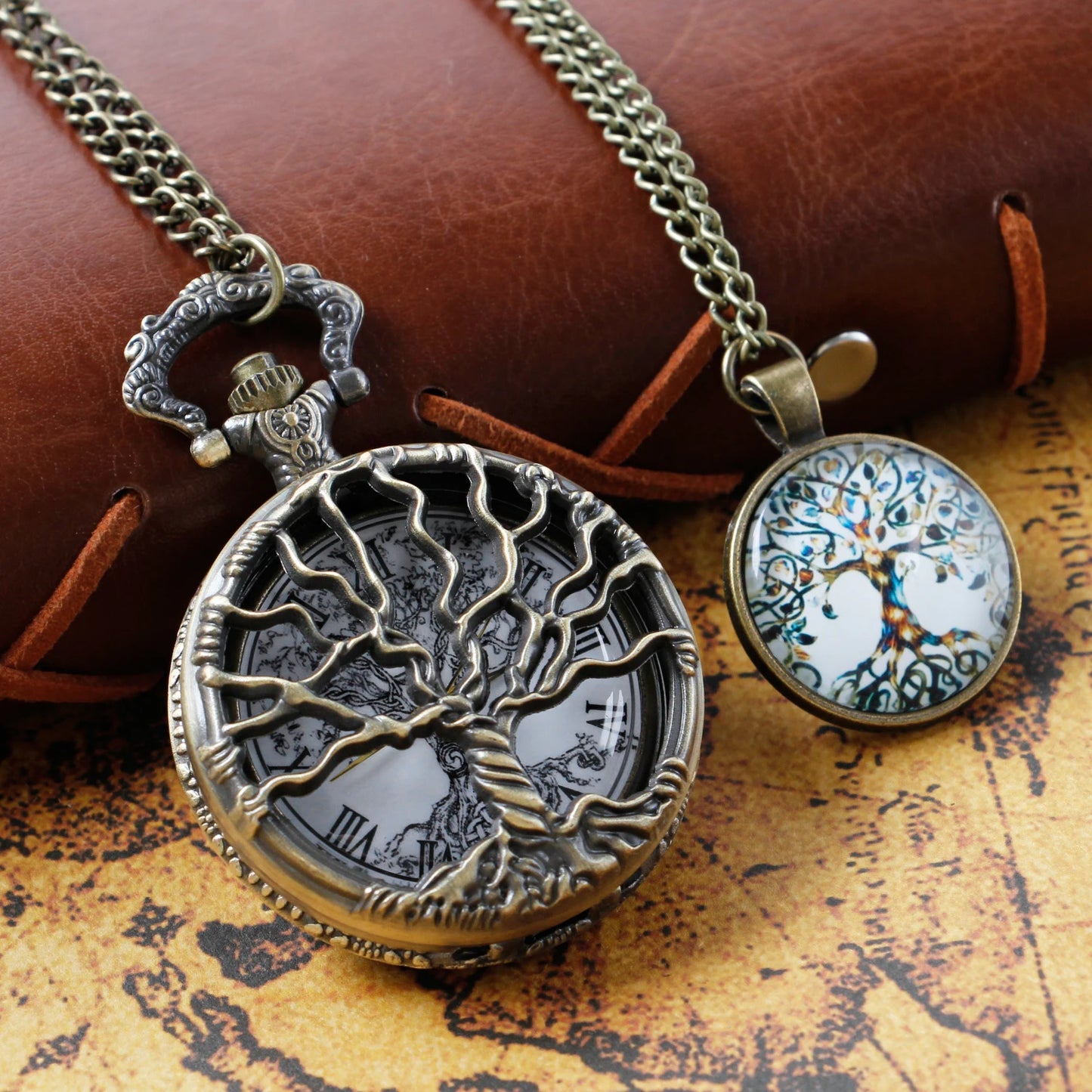 Steampunk Retro Bronze Hollow Tree of Life Quartz Pocket Watch With Fob Chain Women Watch Pendant Necklace Chain Men Gift CF1088