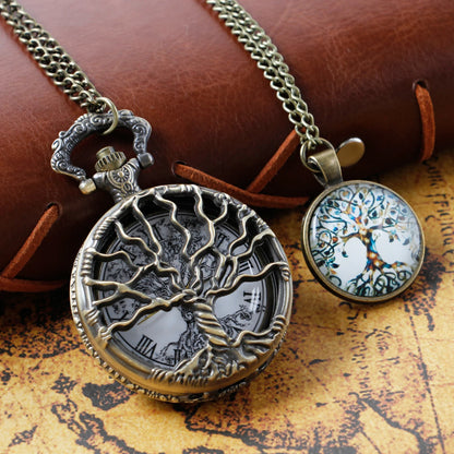 Steampunk Retro Bronze Hollow Tree of Life Quartz Pocket Watch With Fob Chain Women Watch Pendant Necklace Chain Men Gift CF1088