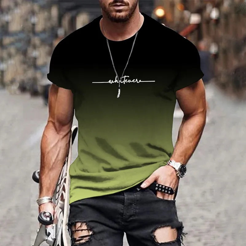 Trend gradient fashion printing 2024 new casual loose short-sleeved men's 3D digital printing T-shirt round neck loose version