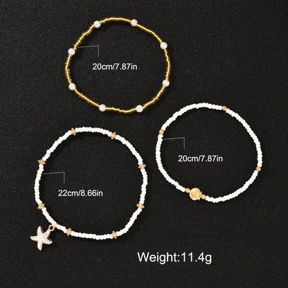 3Pcs/Set Bohemian Starfish Rice Beads Shell Anklet Set for Women Summer Gold White Color Multilayer Anklet Vacation Jewelry Gift