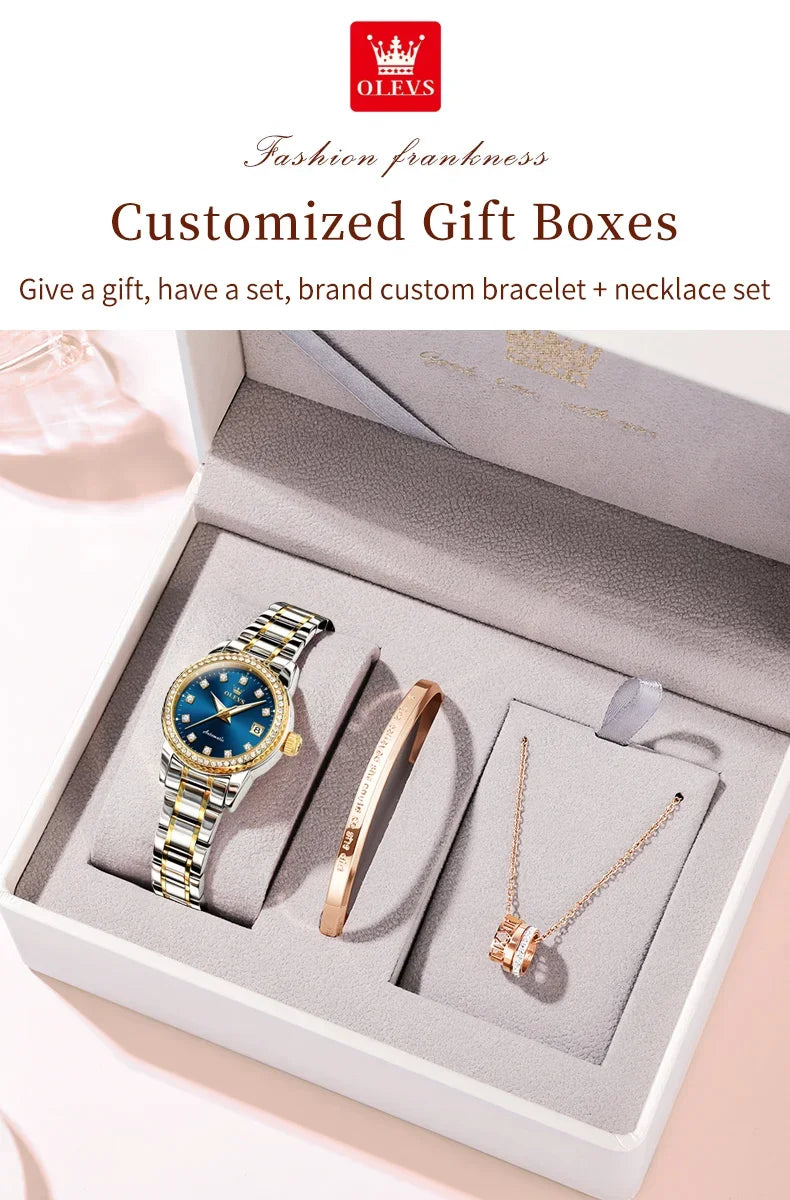 OLEVS 7003 Women Automatic Watch Waterproof Luminous Calendar Mechanical Ladies Wristwatch Steel Strap Luxury Watch Women