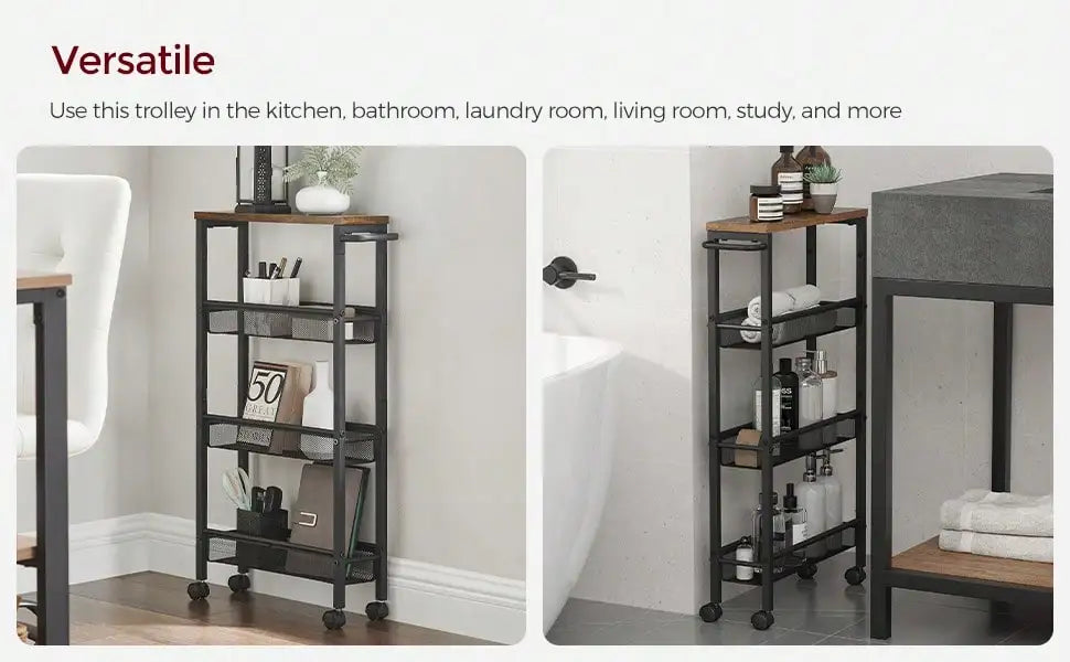 VASAGLE Slim Rolling Cart, 4-Tier Narrow Storage Cart With Handle, 5.1 Inches Deep, Metal Frame, For Kitchen, Dining Room, Livin