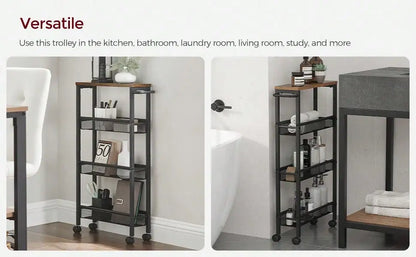 VASAGLE Slim Rolling Cart, 4-Tier Narrow Storage Cart With Handle, 5.1 Inches Deep, Metal Frame, For Kitchen, Dining Room, Livin