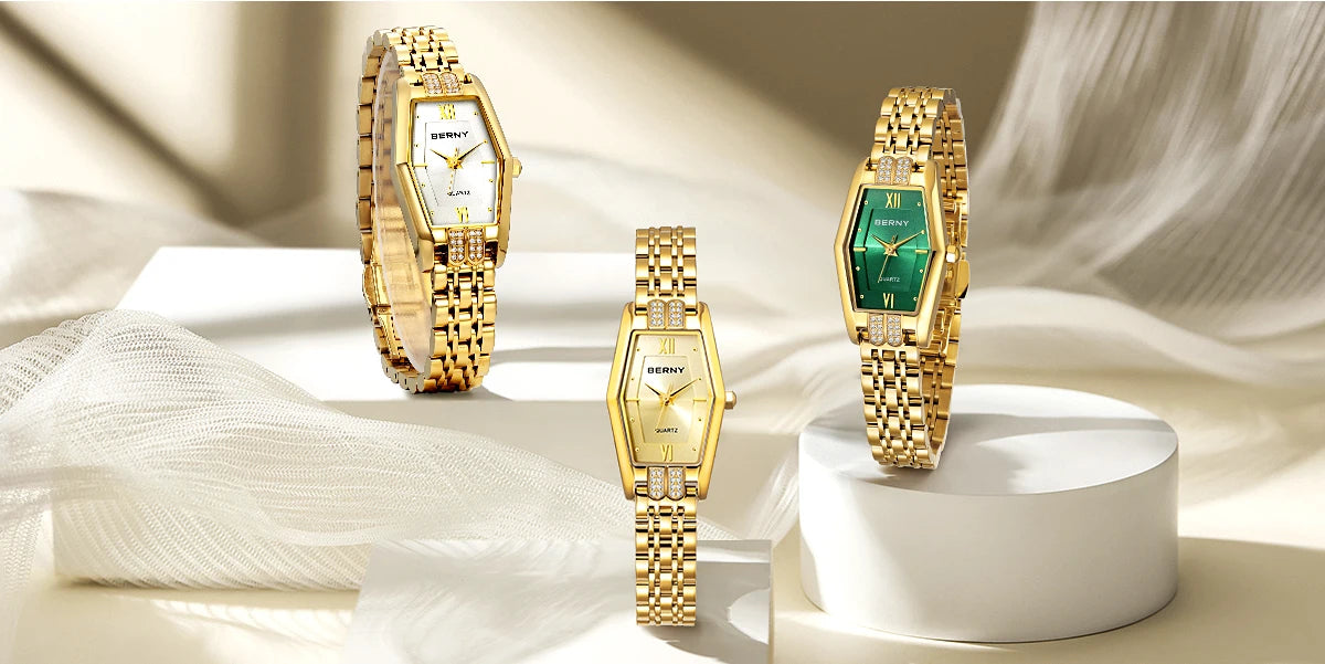 BERNY Gold Watches for Women Elegant Dainty Hexagon Ladies Quartz Wrist Watches Stainless Steel Band Fashion Luxury Bracelet