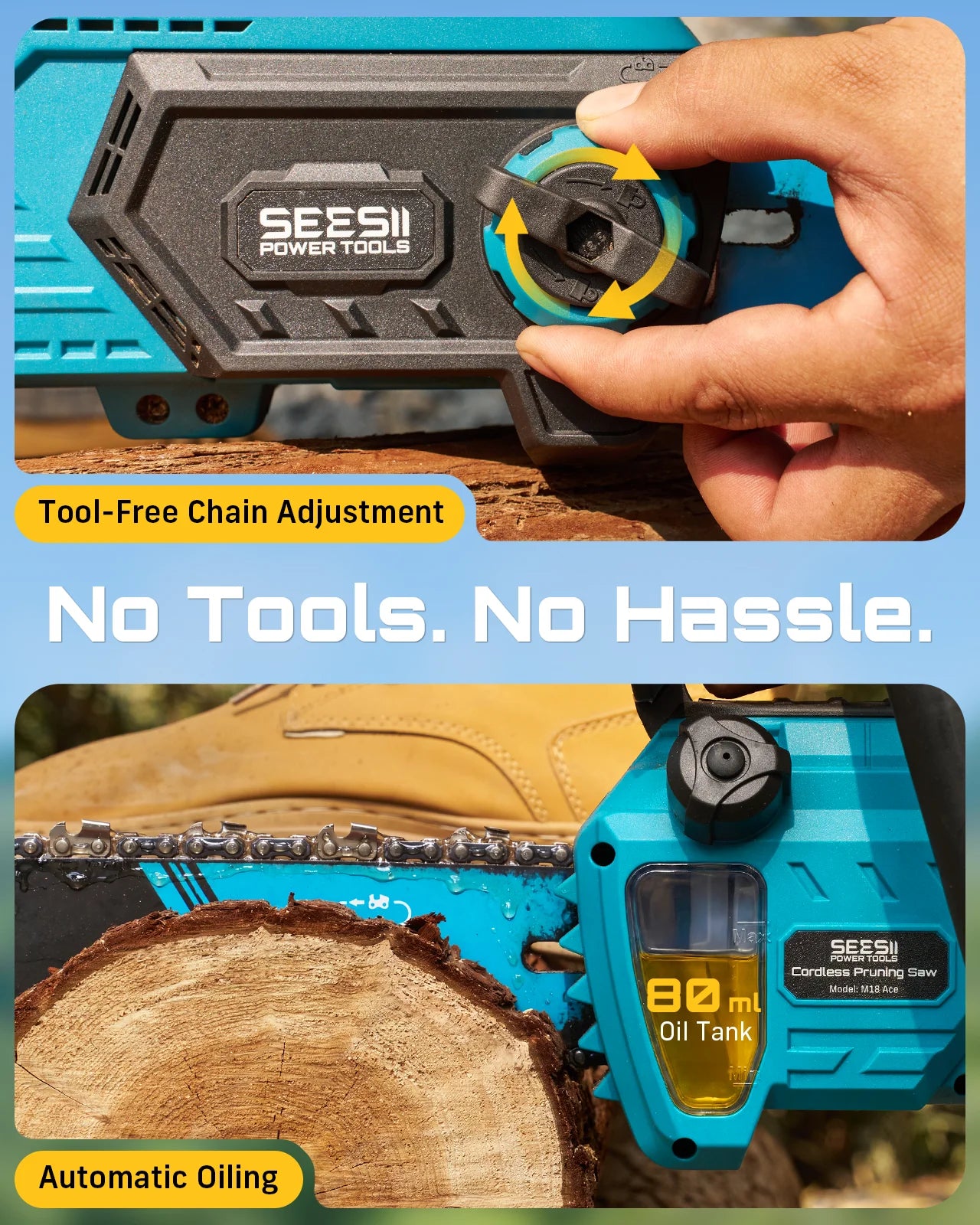 Seesii 40V 18Inch Cordless Electric Saw 2200W Brushless Chainsaw With Automatic Oiler  Garden Woodworking Cutting Tool For Makita 18v Battery pin