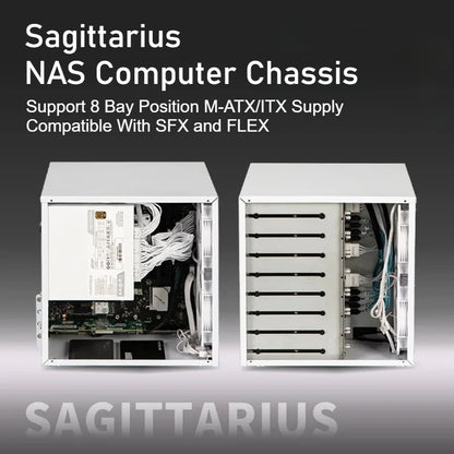 Sagittarius 8-bay NAS Computer Chassis with ATX Power Supply, MATX Motherboard, Full-height PCIE, 21.8L