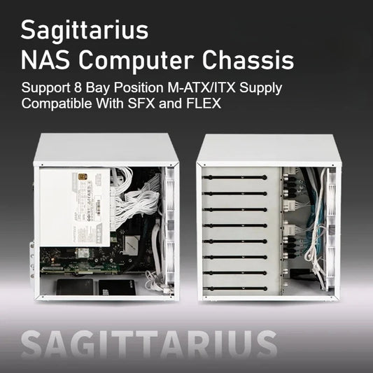 Sagittarius 8-bay NAS Computer Chassis with ATX Power Supply, MATX Motherboard, Full-height PCIE, 21.8L