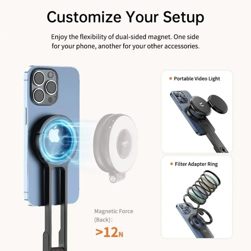 Portable Foldable Phone Tripod Carabiner-Mounted for Magsafe Phone Dual-sided Magnetic Phone Bracket for Live Streaming Selfie