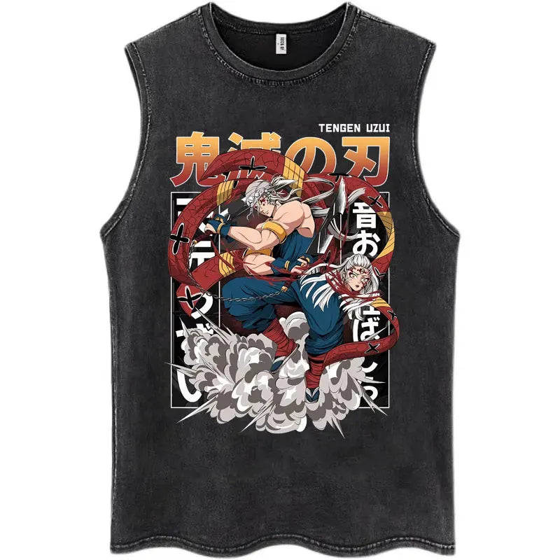 Washed Anime Demon Slayer Hashibira Inosuke Mask Face Tank Tops Men Women Vintage Fashion Cotton Sleeveless T Shirts Streetwear