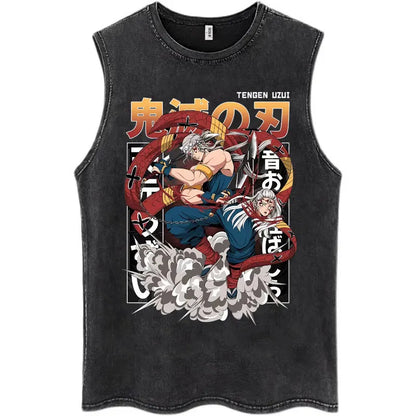 Washed Anime Demon Slayer Hashibira Inosuke Mask Face Tank Tops Men Women Vintage Fashion Cotton Sleeveless T Shirts Streetwear