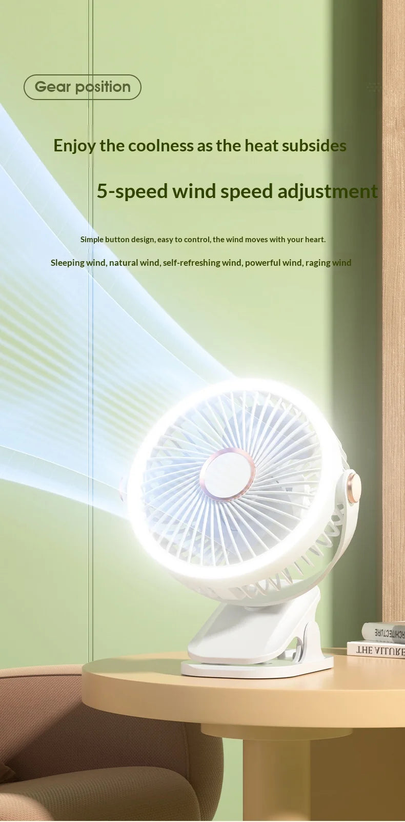Portable Clip On Fan With LED Light, 720° Rotation Mini USB Rechargeable Fan, 5 Speed Quiet Cooling Fan For Home Office Camping