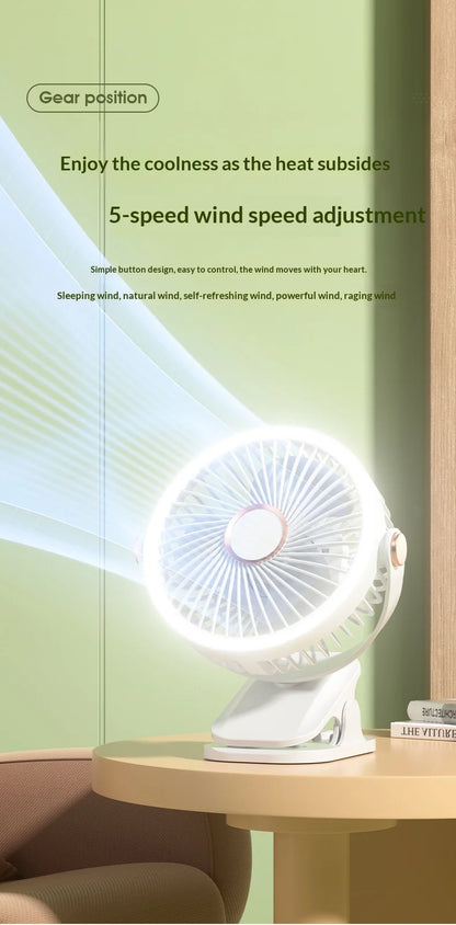 Portable Clip On Fan With LED Light, 720° Rotation Mini USB Rechargeable Fan, 5 Speed Quiet Cooling Fan For Home Office Camping