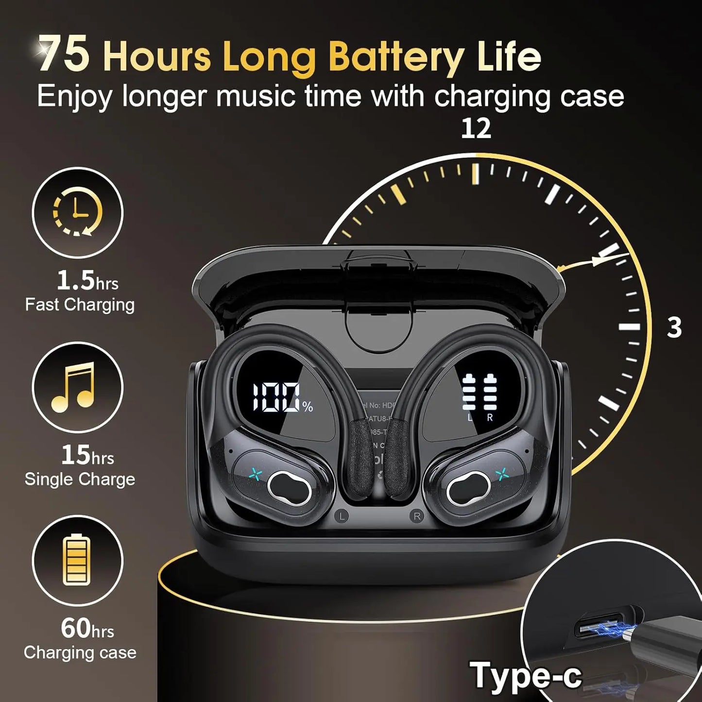 Wireless Earbuds 5.4 Bluetooth Headphones Sports Ear Buds with Earhooks 75H Playtime Wireless Headphones for Workout Waterproof