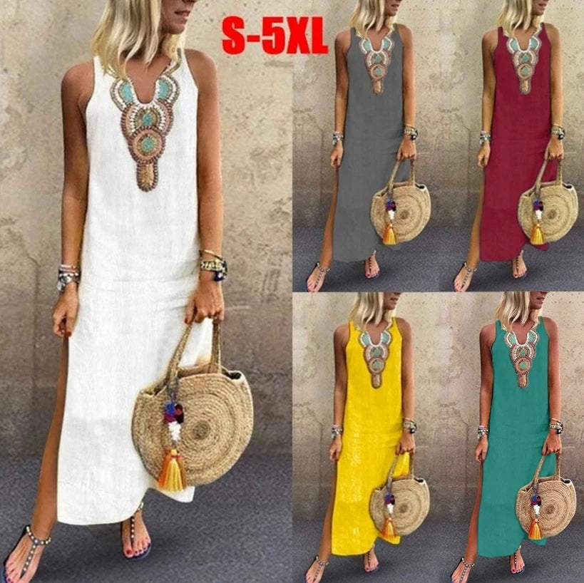 Women's Sleeveless Deep V-Neck Side Split Dress, Bohemian Sexy Dress, Casual, New