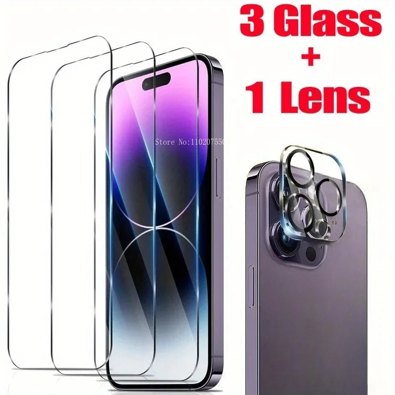 3+1 3PCS 9D Screen Protection Tempered Glass for IPhone 14 15Pro 11/12/13/14/15/16 Pro Max 13 Mini 16 Plus+1PCS Camera Lens Film