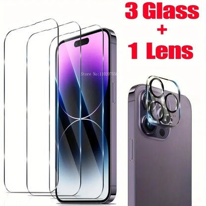 3+1 3PCS 9D Screen Protection Tempered Glass for IPhone 14 15Pro 11/12/13/14/15/16 Pro Max 13 Mini 16 Plus+1PCS Camera Lens Film