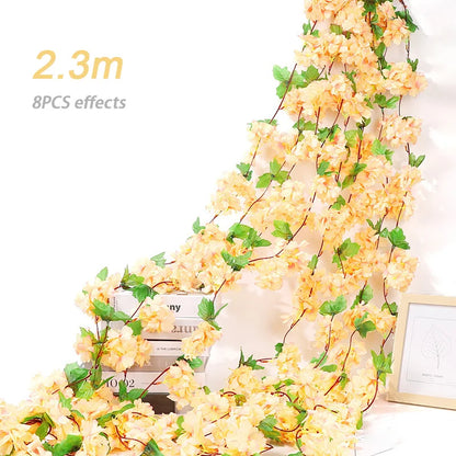 8pcs 1.8M Artificial Cherry Blossom Flower Vines Faux Flowers Outdoors Hanging Silk Flowers Garland for Wedding Party Home Decor