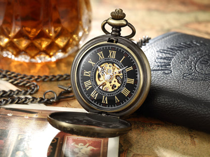 Vintage Skeleton Mechanical Pocket Watch Engraved Floral Design Hand Wind Fob Watch With Chain For Men Women Luxury Antique Gift