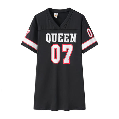 2025 New Fashion V-Neck Queen Letters Print Dress Short Sleeve Basketball Sporty Style Sexy Loose Female Clothing Streetwear
