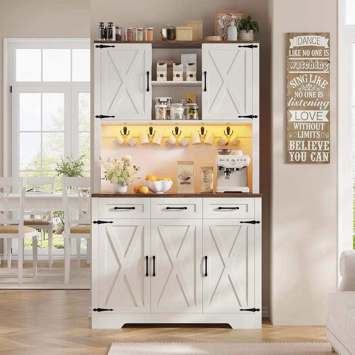 70.9" Tall Kitchen Pantry Cabinet with LED Light & Charging Station, Farmhouse Kitchen Hutch with Large Countertop & 10, Custom