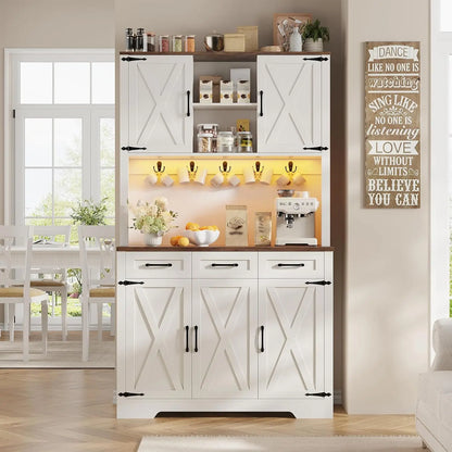 70.9" Tall Kitchen Pantry Cabinet with LED Light & Charging Station, Farmhouse Kitchen Hutch with Large Countertop & 10, Custom