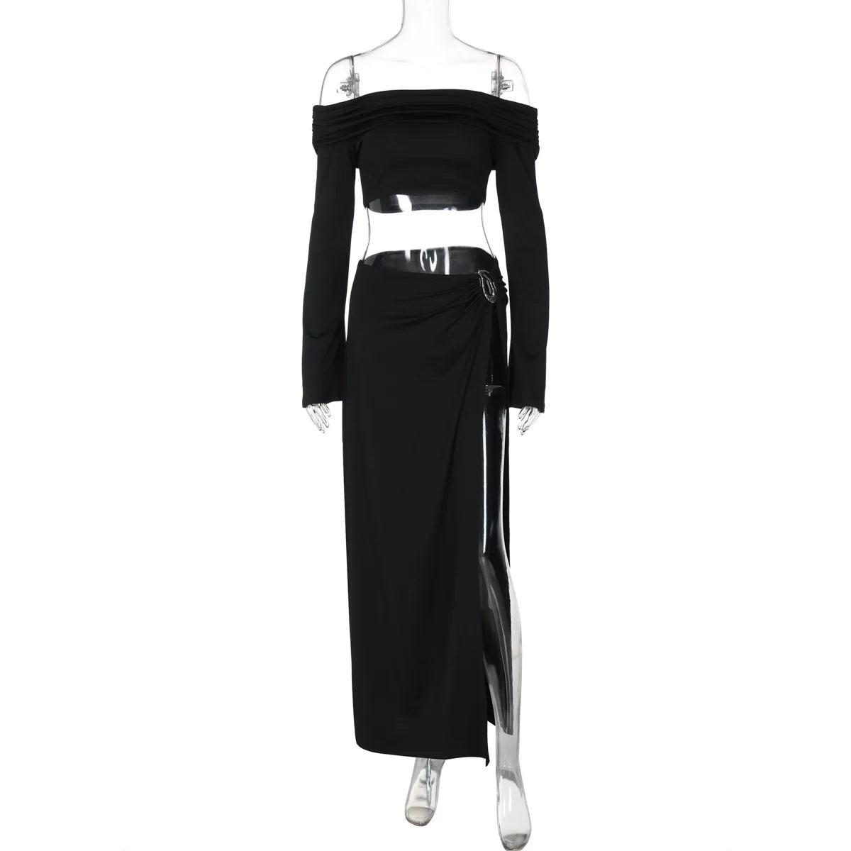 Leosoxs Women's Solid Beach Skirt Sets Sexy High Split Slim Bohemian Outfits Off The Shoulder Holiday 2 Piece Set 2025 Beachwear