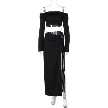 Leosoxs Women's Solid Beach Skirt Sets Sexy High Split Slim Bohemian Outfits Off The Shoulder Holiday 2 Piece Set 2025 Beachwear