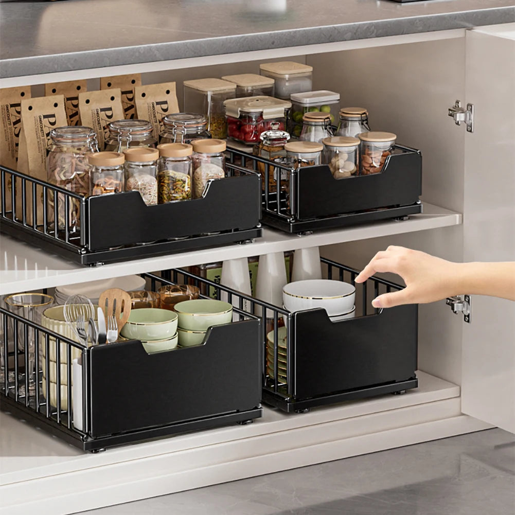 Pull Out Cabinet Organizer, Carbon Steel Foldable Slide Out Drawers Storage Rack For Kitchen Cabinets Bathroom Cabinet Organizer