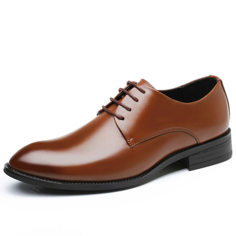 Mens Breathable Leather Dress Shoes Formal Business Footwear Pointed Toe Lace Up Flat Sole Groom Wedding Shoes Simple Leisure