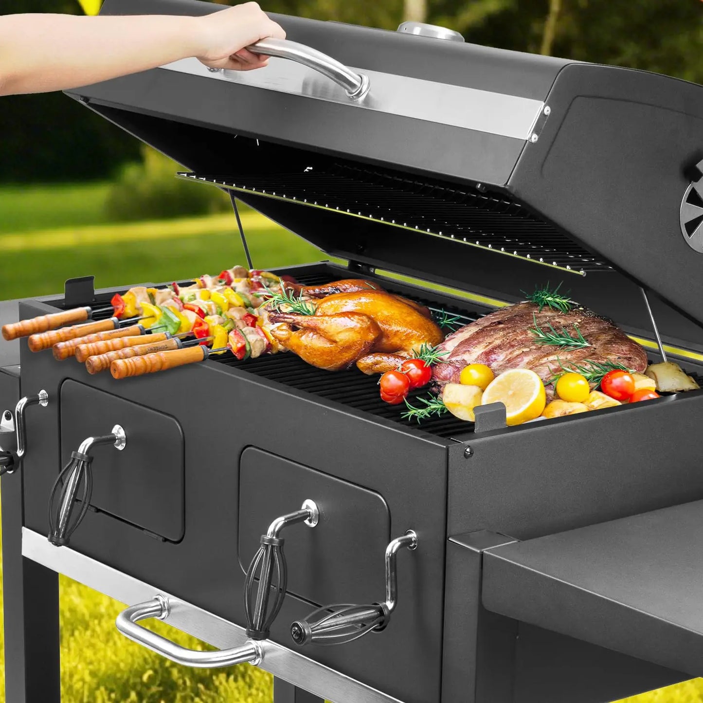 Extra Large Charcoal Grill 794sq.in Adjustable Dual Tray Foldable Side Tables Outdoor Backyard BBQ, Custom