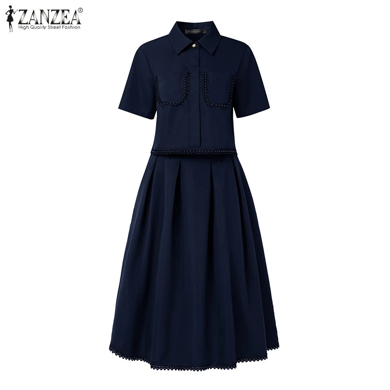 ZANZEA Womens Casual 2 Piece Sets Lace Trim Short Sleeve Crop Tops A-line Midi Skirts 2PCS Outfits Elegant Commute Skirt Sets