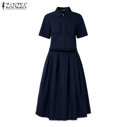 ZANZEA Womens Casual 2 Piece Sets Lace Trim Short Sleeve Crop Tops A-line Midi Skirts 2PCS Outfits Elegant Commute Skirt Sets