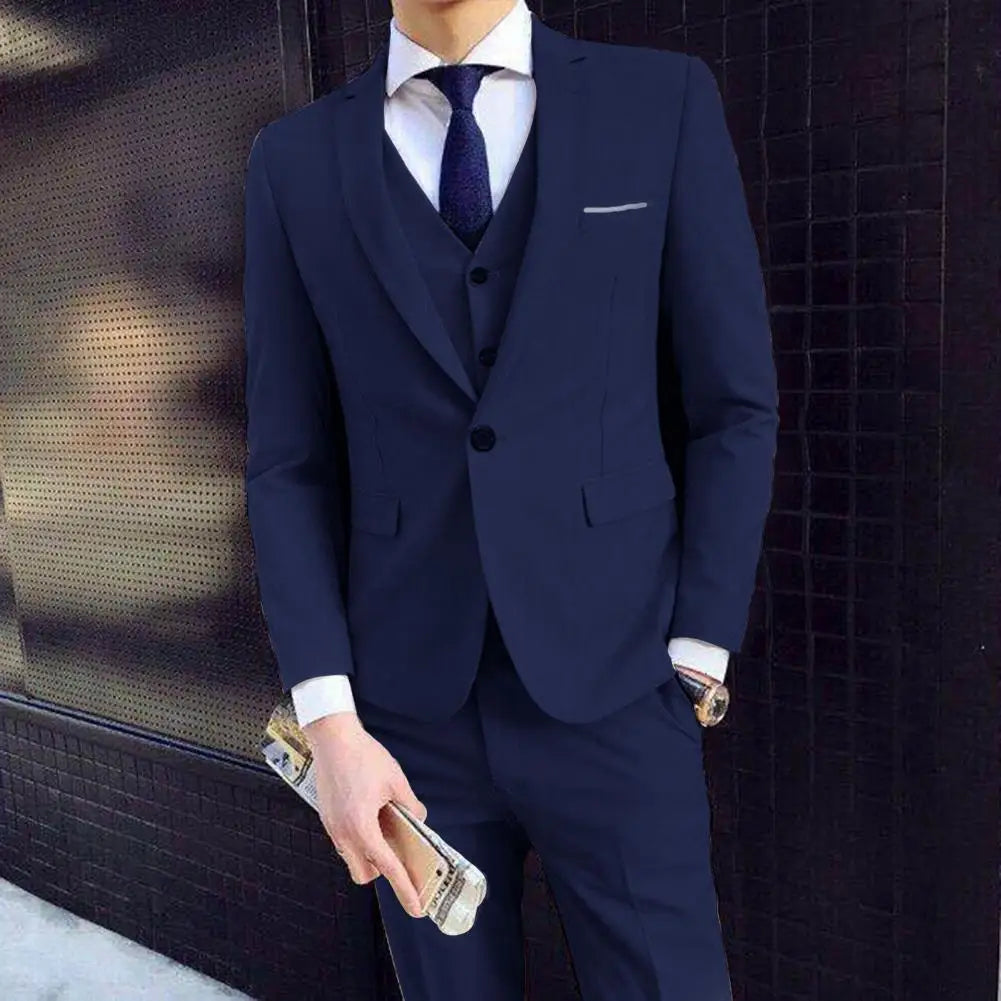Men Three piece Suit Formal Business Suit Pants Set Solid Color Slim Fit Turn down Collar Anti wrinkle Groom Wedding Suit