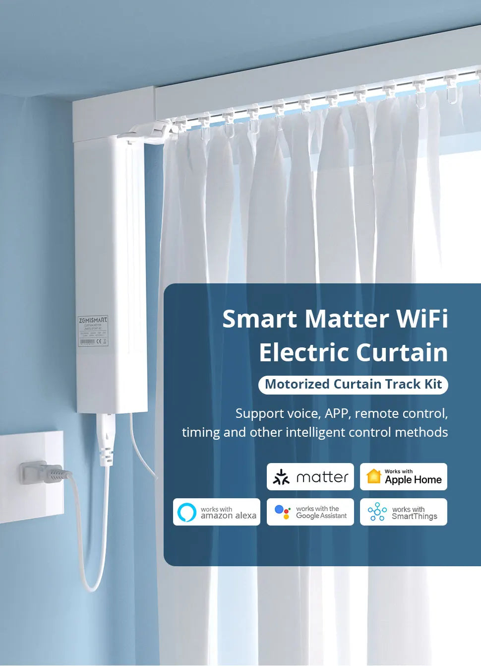 Zemismart Matter Over WiFi Smart Motorized Track Electric Slide Curtain Support HomeKit SmartThing Alexa Google Home APP Control