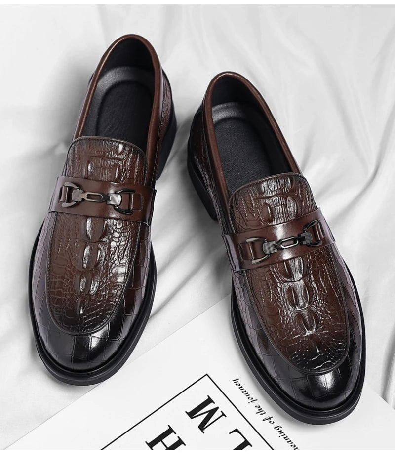 Mens Black Crocodile Embossed Leather Loafers With Metal Horsebit Buckle Thick Sole Formal Business Wedding Party Dress Shoes