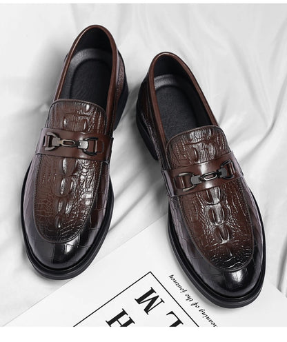 Mens Black Crocodile Embossed Leather Loafers With Metal Horsebit Buckle Thick Sole Formal Business Wedding Party Dress Shoes