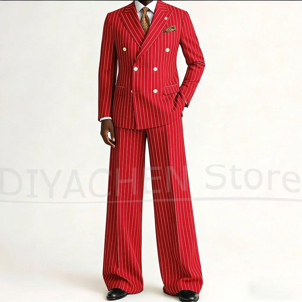 Men's Striped Double Breasted Suit Set Fashion Peak Lapel Formal Outfits 2 Piece Wedding Business Events Casual Male Suit