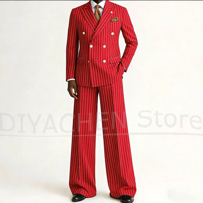 Men's Striped Double Breasted Suit Set Fashion Peak Lapel Formal Outfits 2 Piece Wedding Business Events Casual Male Suit
