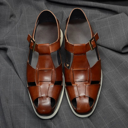XEBOS Men's Sandals Genuine Leather Cowhide Summer Outdoor Flat Shoes Casual Sneakers Buckle Strap Black Brown Male Footwear