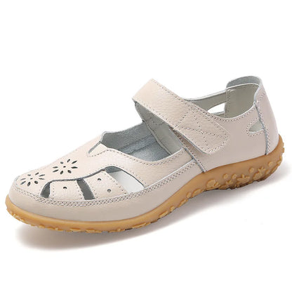 WOIZGIC Female Ladeis Mother Women's Genuine Leather Loater Flats Sandals Shoes Summer Cool Soft Outside Beach