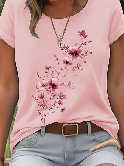 Purple Floral Branch Women's Tee - Delicate Watercolor Flower Graphic, Casual Light Purple Top