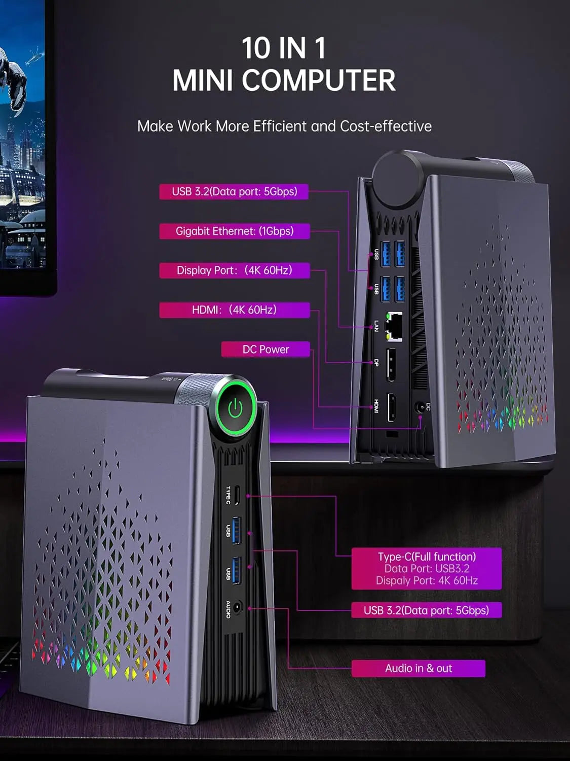 ACEMAGIC MINI PC AMD Ryzen 7 H255 Processor 16GB 512GB SSD Windows 11 Pro MINI Computer WiFi 6E BT5.2 With RGB Light 4K Triple