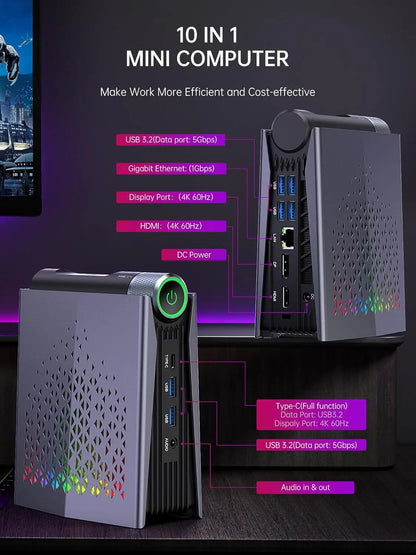 ACEMAGIC MINI PC AMD Ryzen 7 H255 Processor 16GB 512GB SSD Windows 11 Pro MINI Computer WiFi 6E BT5.2 With RGB Light 4K Triple