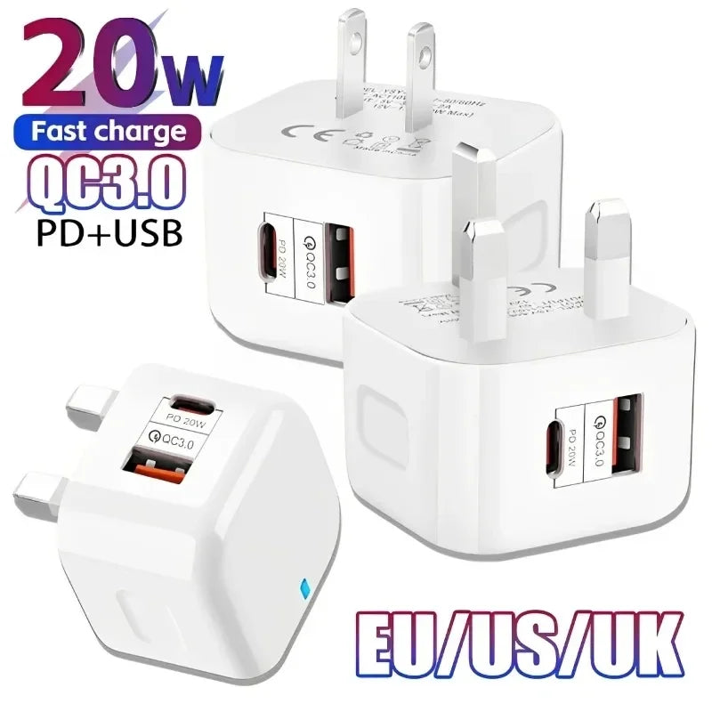 1Pcs 20W Dual Ports Wall Charger Type-C USB C PD Phone Fast Charger Super Quick Charging Power Adapters EU/US/UK Plug For iPhone