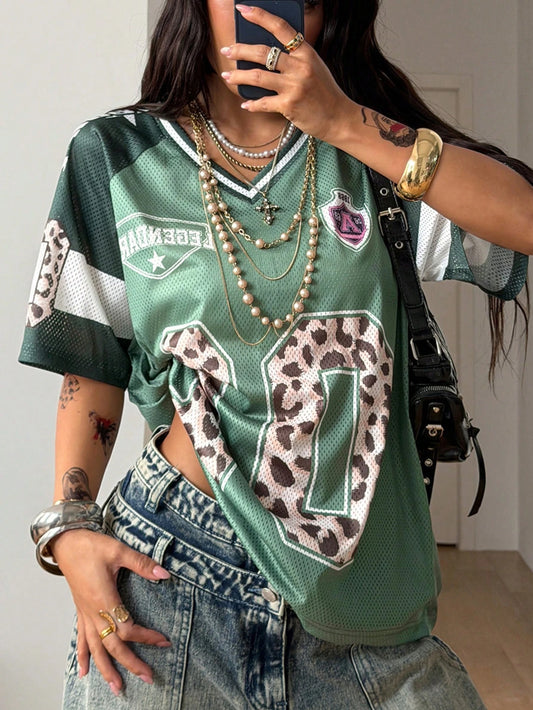 Women's Summer Going Out Streetwear Y2K Leopard Print Number Graphic Jersey Short Sleeve V Neck T Shirt Sporty Casual Tops