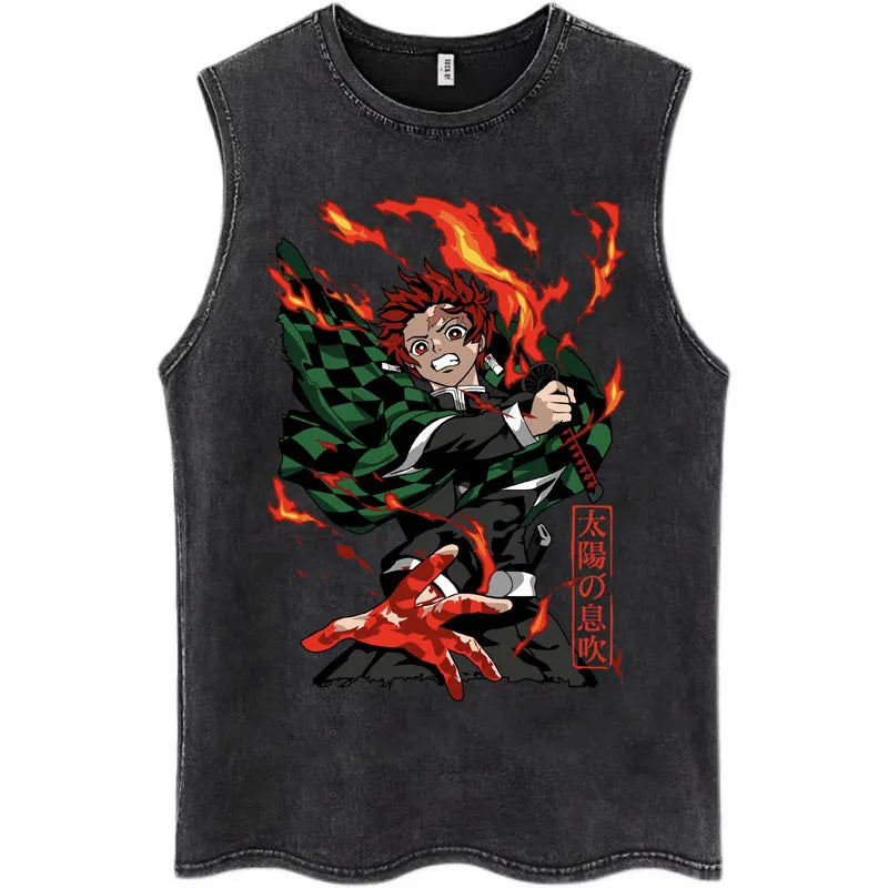 Washed Anime Demon Slayer Hashibira Inosuke Mask Face Tank Tops Men Women Vintage Fashion Cotton Sleeveless T Shirts Streetwear