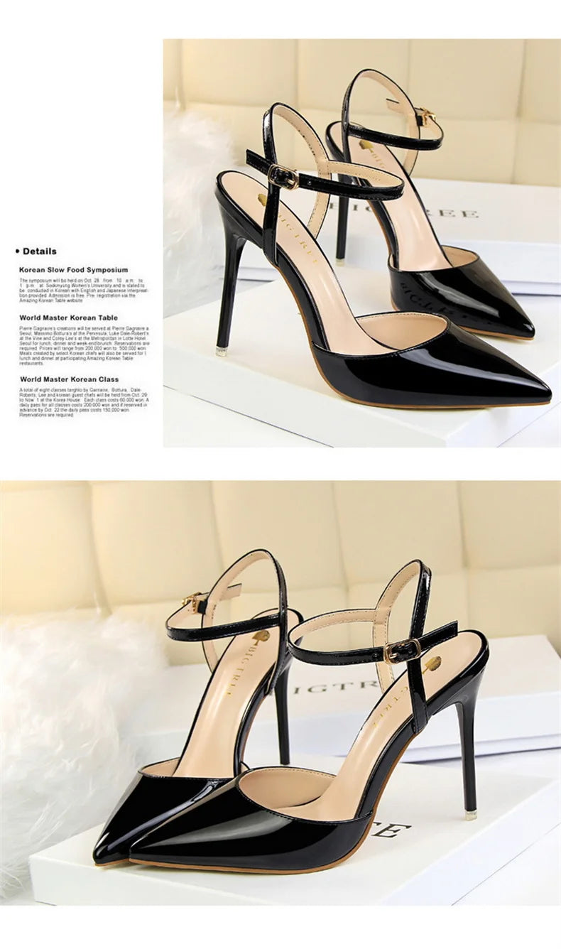 Women High Heels Sandals Metallic Gray Patent Leather Stripper Ankle Strap Wedding Nightclub Pointed Toe Party Valentine 86-1