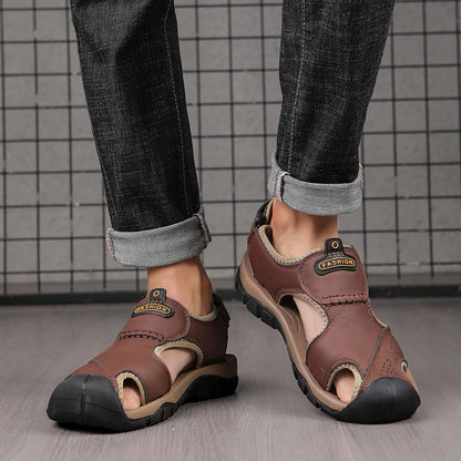 2025 Large-Size Leather Men's Shoes Summer Sandals Casual Outdoor Head Beach Shoes Comfortable Breathable Hollow Velcro Patch