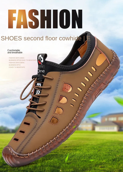 Men's Soft Leather 2024 Summer Men Leather Sandals Breathable Non-slip Cow Tendon Sole Casual Leather Shoes Outdoor Beach Shoes